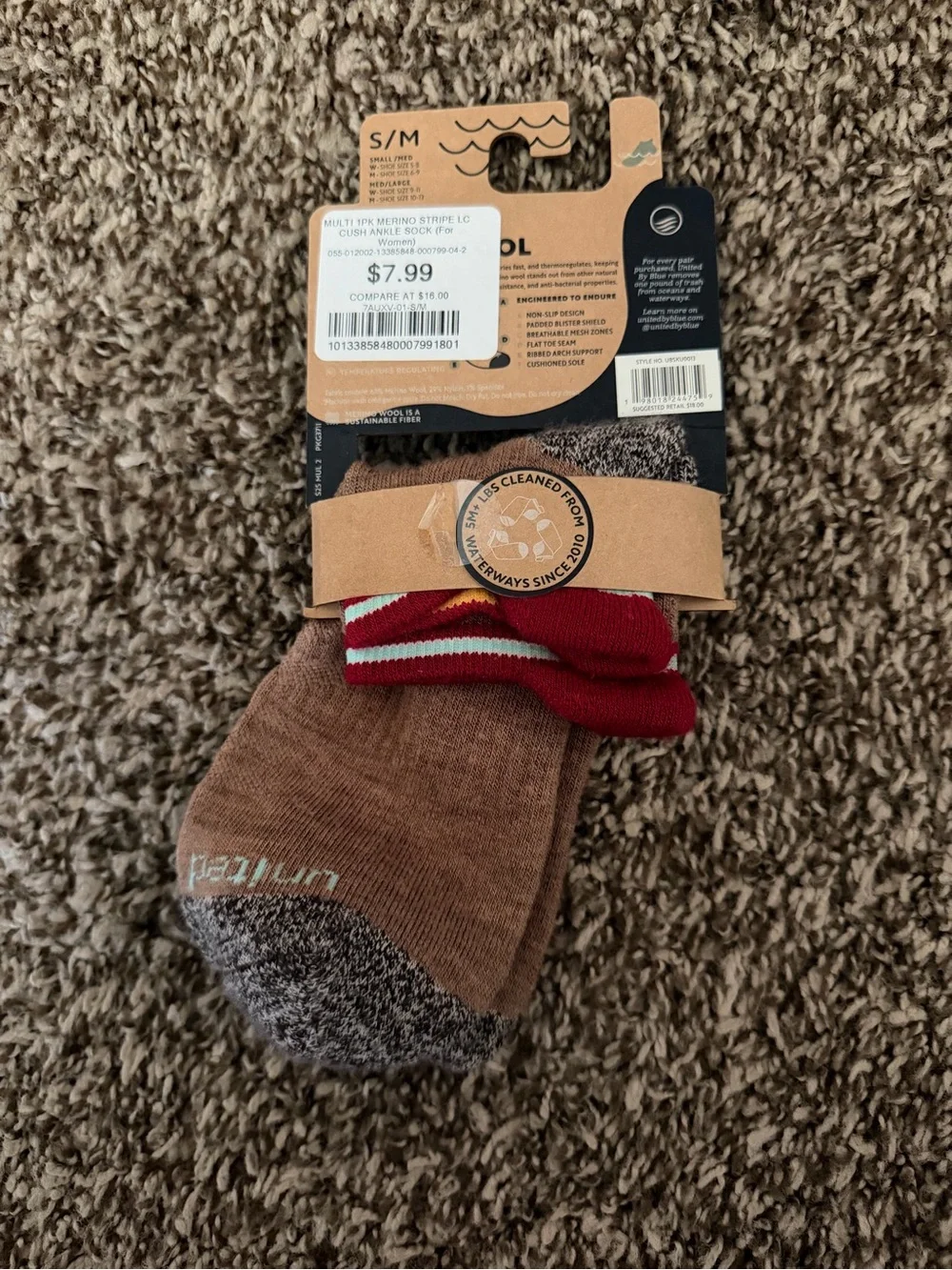 United By Blue Women's Performance Merino Wool Low Cut Socks - Brown/Red - S/M